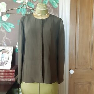 Eileen Fisher Silk Blend Textured Olive Green Blazer – Minimalist – Size Small